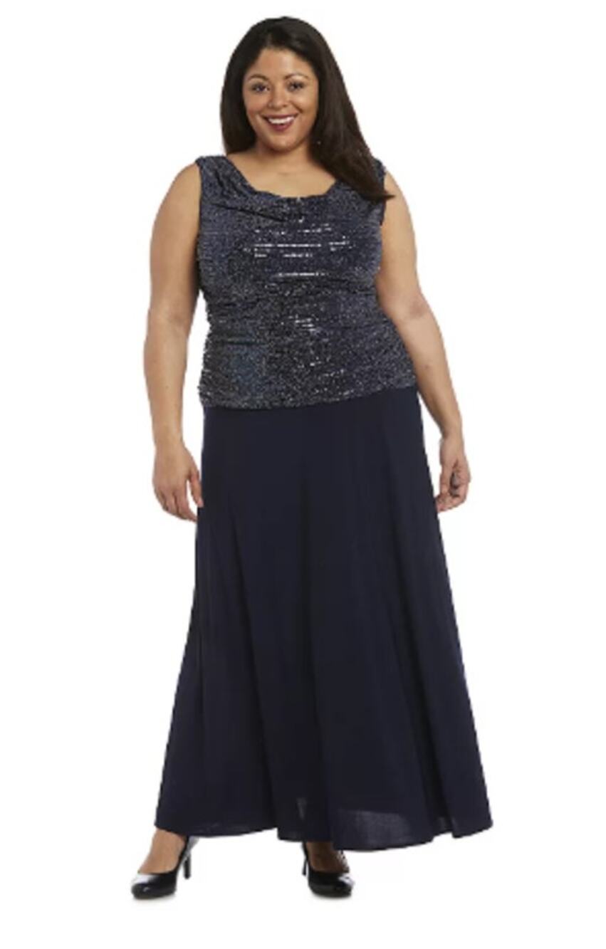 Xscape Blue Black One Shoulder Sequin Ruched Formal Evening Gown Dress Size 16